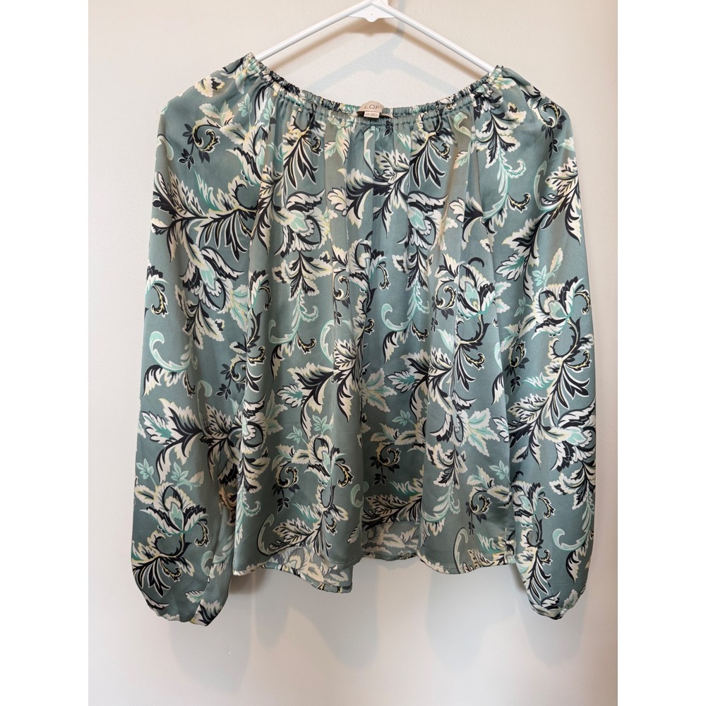 LOFT Petites Sage Green Floral Paisley Elastic Neck Long Sleeve Blouse 168 - Picture 2 of 6
